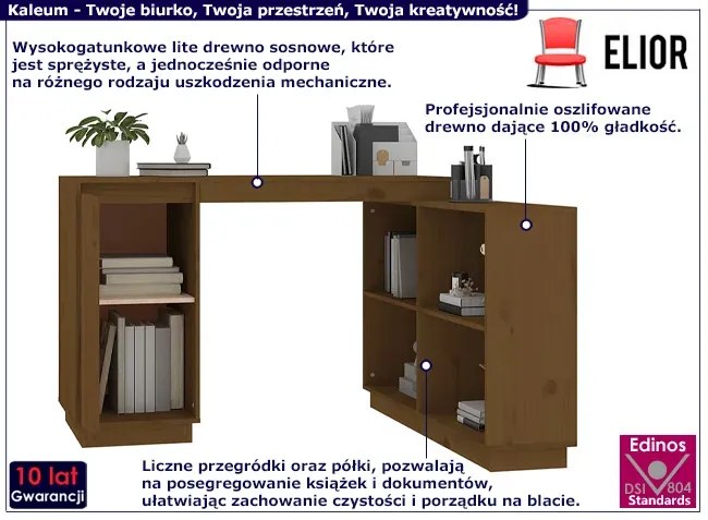 Sosnowe biurko z regałem miodowy brąz - Emi