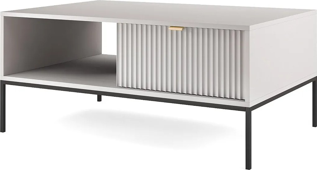 Stolik Kawowy Elegancki DomoHome NOVA – Z akcentem złotym, nowoczesna szuflada MDF, czarne metalowe nogi, minimalistyczny design, Szary, 104x104x46cm