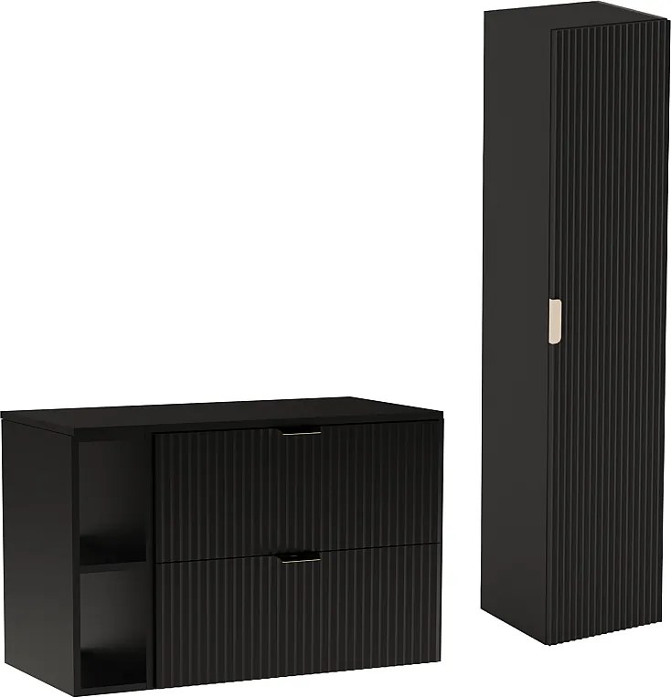 Czarny Zestaw Łazienkowy 100cm Szafka Regał Blat Słupek Ryflowane Fronty