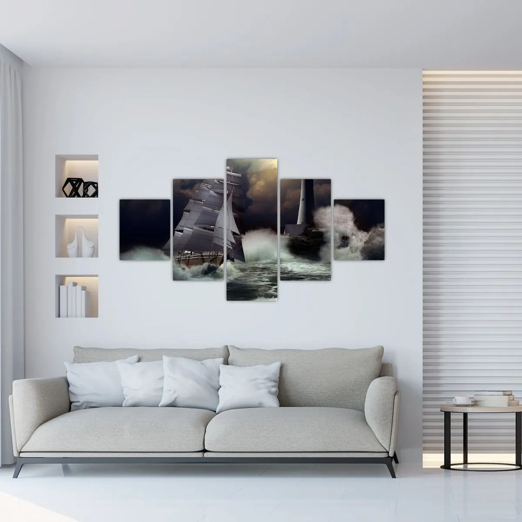 Obraz - Statek płynący przez wzburzone fale (125x70 cm)