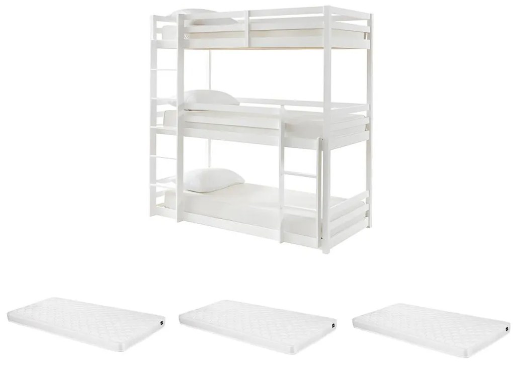 Potrójne łóżko piętrowe - 3 x 90 x 200 cm - Sosna - Białe + materac - VAGAR