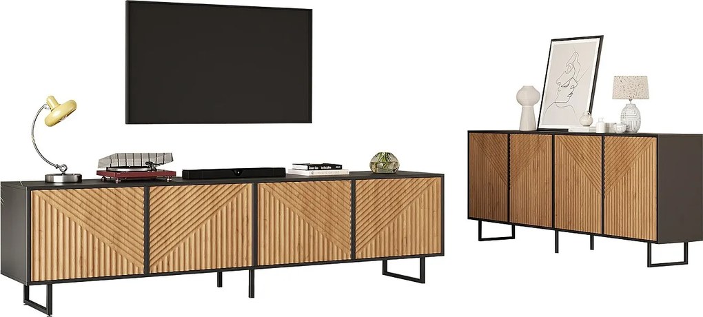 Komplet mebli do salonu, 2 elementy - z 1 komodą + 1 szafką RTV 4-drzwiową - płyta wiórowa - kolor naturalny