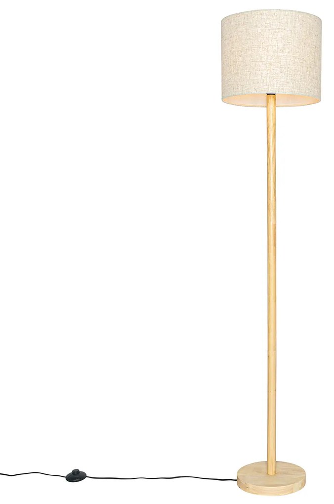 Rustykalna lampa podłogowa drewniana z abażurem lnianym beżowym 32 cm - Mels