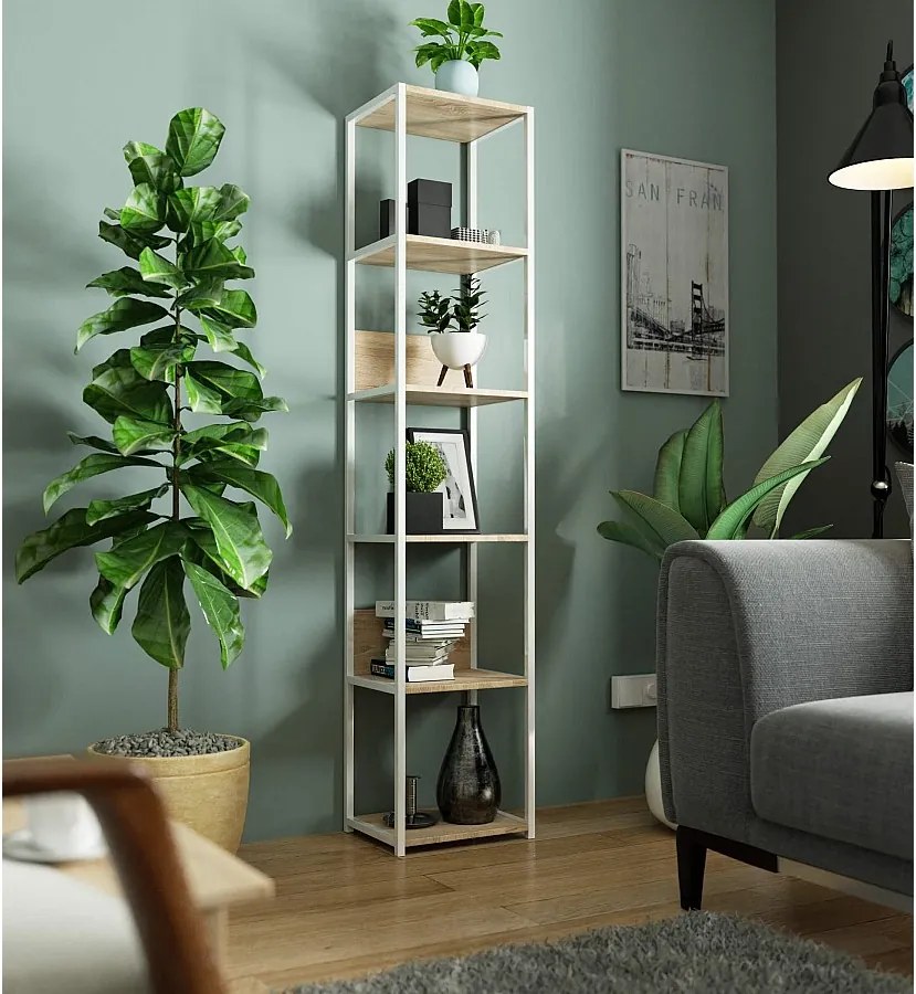 Regał loft AKORD metalowy Biały 40 cm kolor Dąb Sonoma mat 6 półek 40x32x192 cm