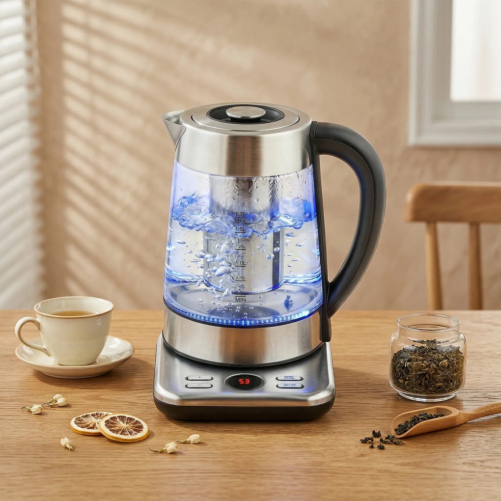 HOMCOM Elektryczny czajnik, 1,7L, szybkie gotowanie, 2200W, z termostatem Strix, sitkiem do herbaty, funkcją utrzymania ciepła | Aosom PL