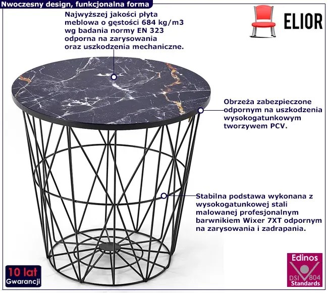 Czarny druciany stolik z marmurkowym blatem W6-E01