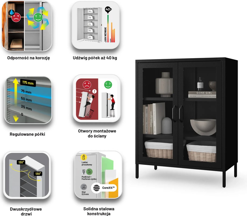 Witryna przeszklona niska czarna: GINA Modern 800 x 1015 x 400 mm