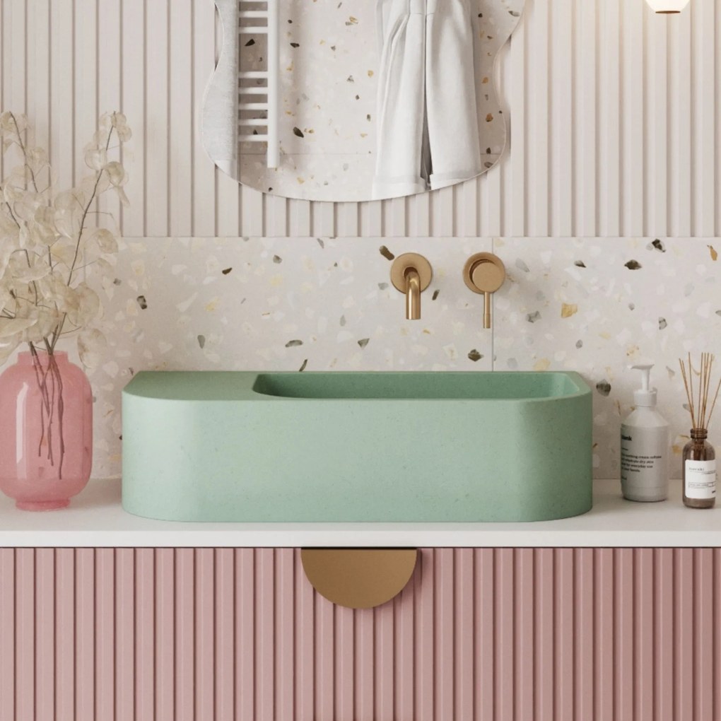 Umywalka betonowa wisząca / nablatowa półokrągła z półką bez otworu na baterię 65 x 30 cm LARMO | różne kolory : Kolor - Miętowy, Typ montażu - nablatowa