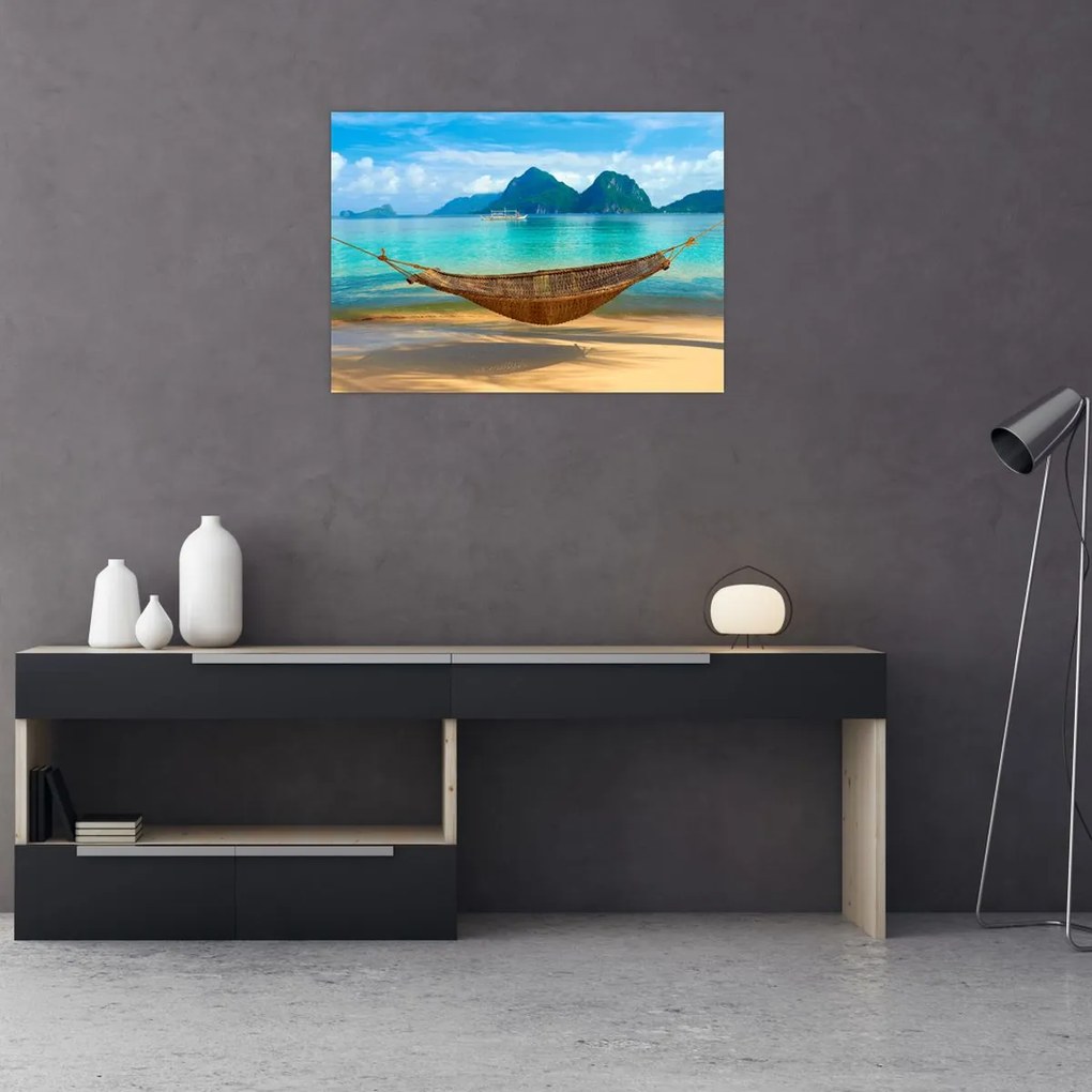 Obraz na szkle - Hamak na plaży (70x50 cm)