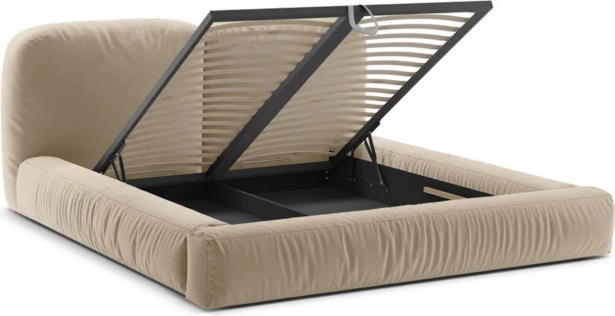 Beżowe tapicerowane łóżko dwuosobowe ze schowkiem i stelażem 160x200 cm Martina – Micadoni