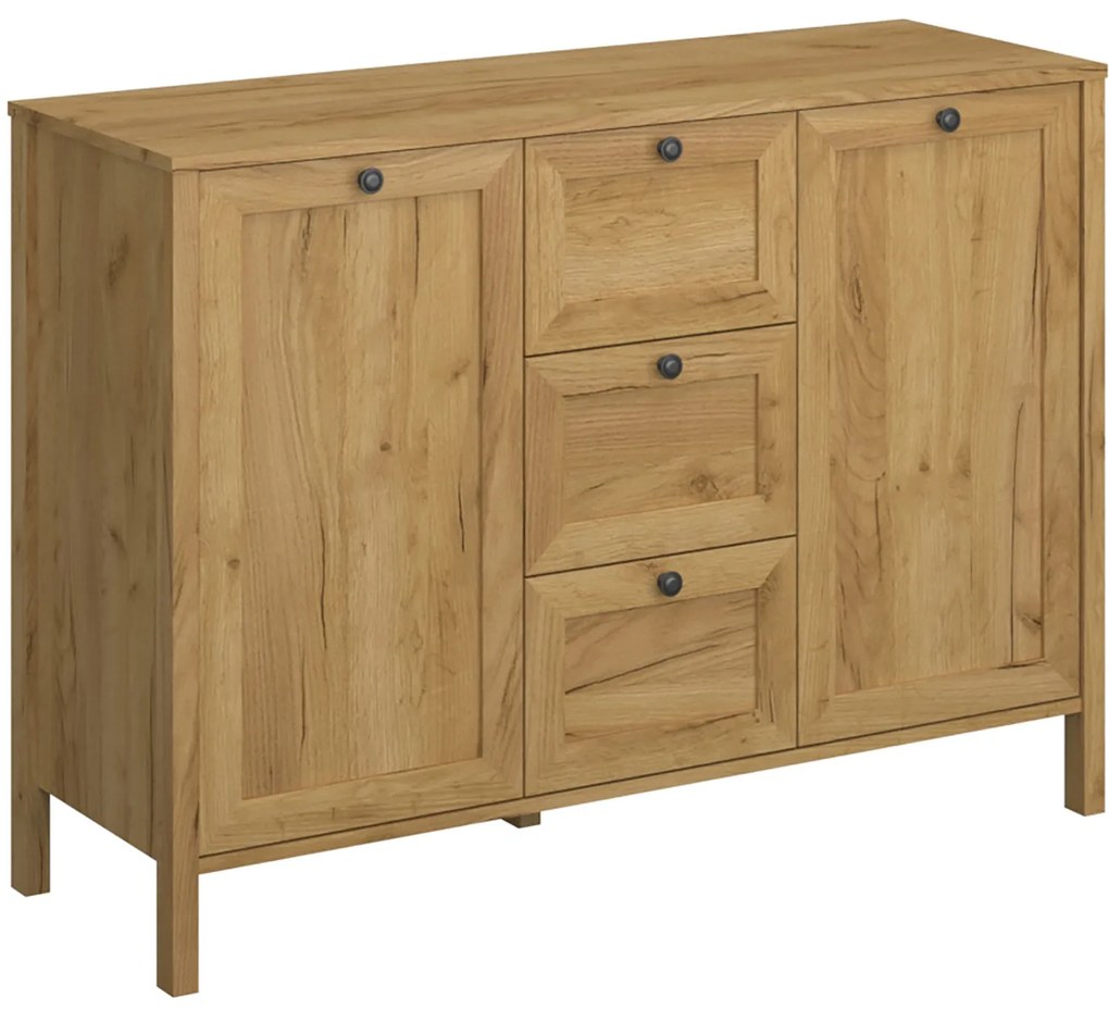 Komoda Dwudrzwiowa z Szufladami Drewniana do Salonu DALE 118 cm Dąb craft złoty Klasyczna