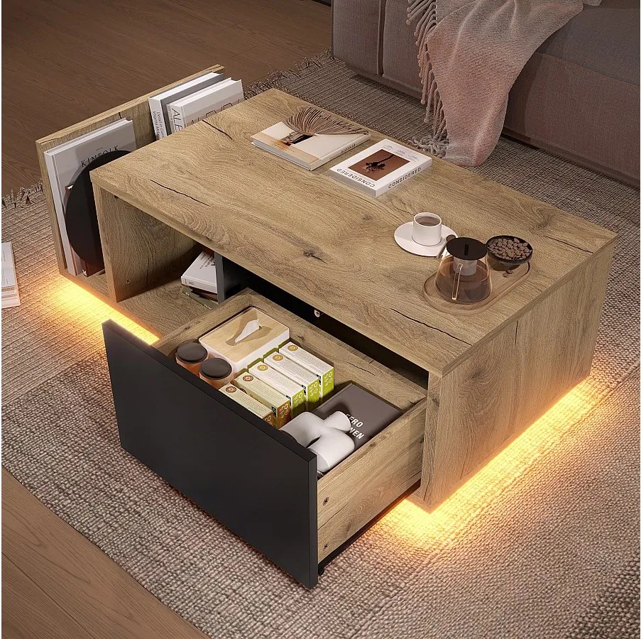 Drewniany stolik kawowy - Stolik kawowy z jednymi drzwiami i oświetleniem LED - otwarty schowek