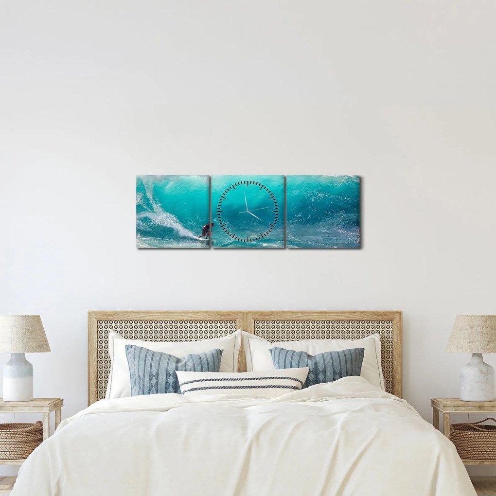 Obraz surfera na falach (z zegarem) (90x30 cm)