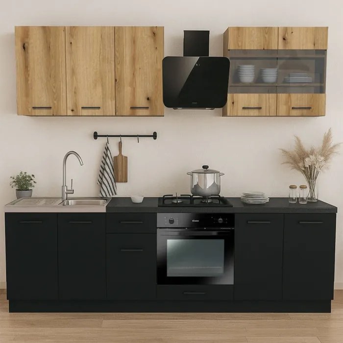 Zestaw Mebli Kuchennych MODERN 260 cm Czarny/Dąb Evoke Loftowy