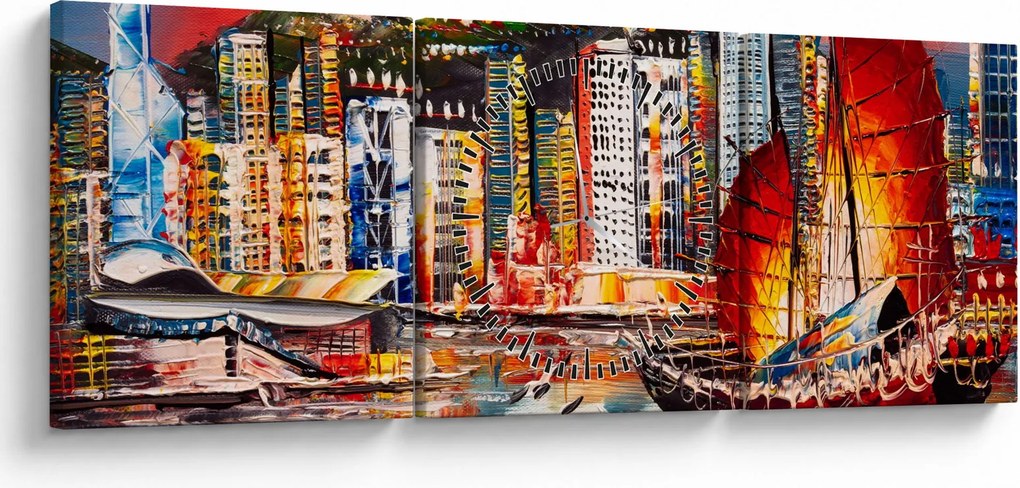 Obraz - Victoria Harbor, Hong Kong, obraz olejny (z zegarem) (90x30 cm)