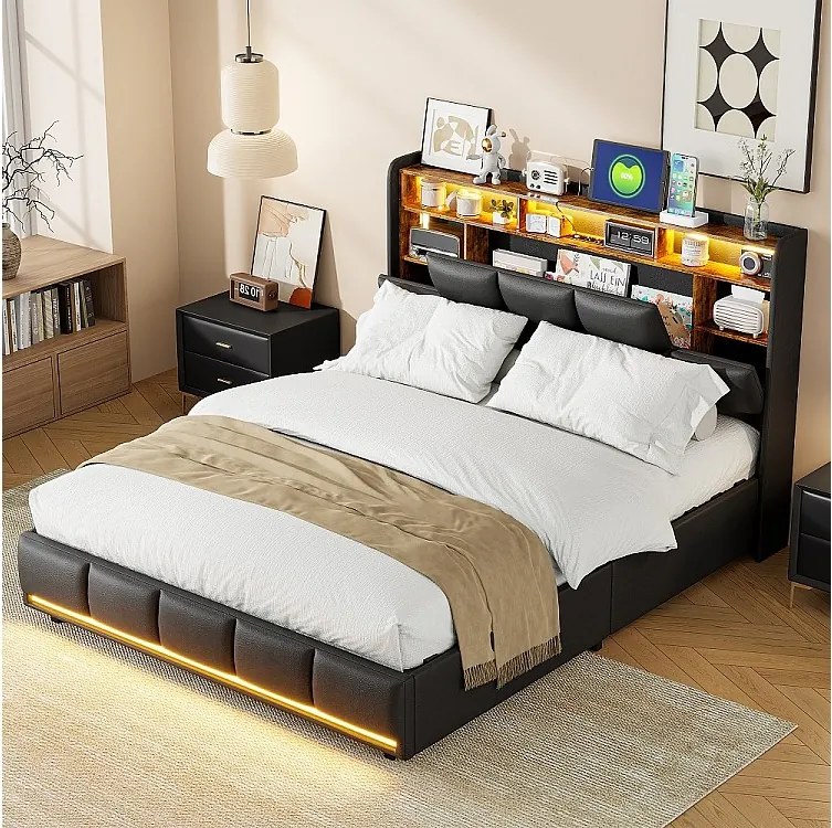 Łóżko podwójne 160x200 cm z czarnej skóry PU z hydraulicznym schowkiem, wbudowanym oświetleniem LED i portami USB, nowoczesny design