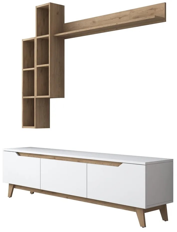 Biały zestaw pod TV w dekorze orzecha 180x49 cm Linh – Kalune Design