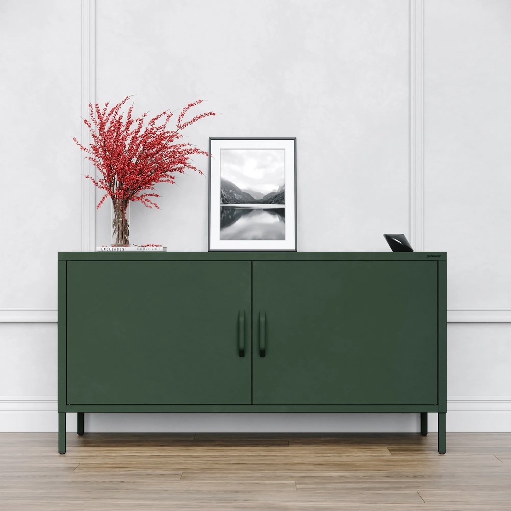 Szafka RTV metalowa na nóżkach butelkowa zieleń, 1150x595x400 mm: ROSA Modern