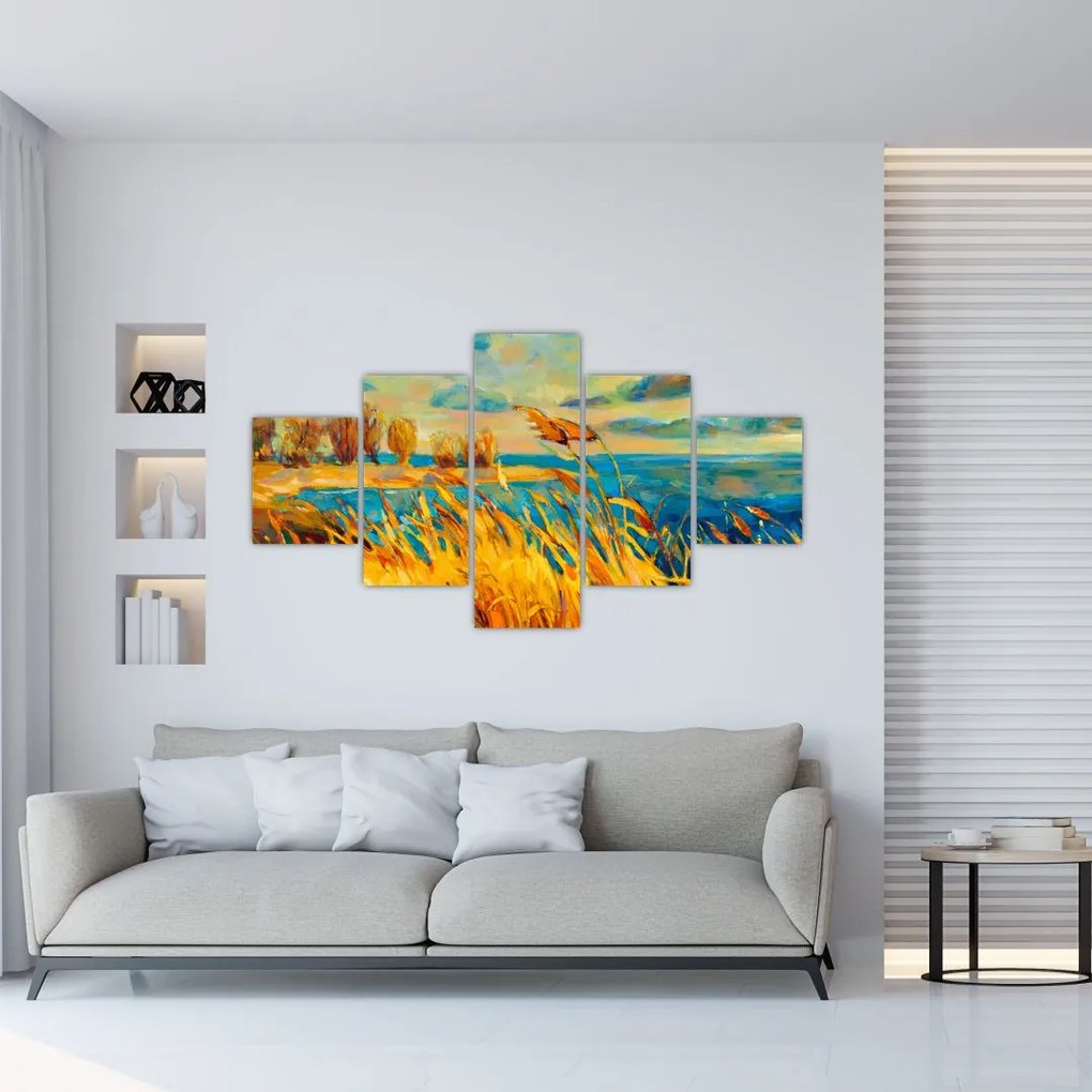 Obraz - Zachód słońca nad jeziorem, obraz akrylowy (125x70 cm)