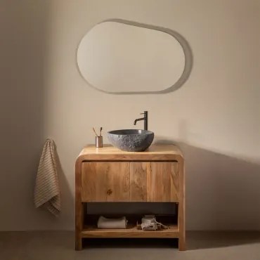 Zestaw Mebli Łazienkowych Z Drewna Vacry Akacja Brąz & Owalna Lampa Led I Przeciwmgielna 100x80 Cm Riben & Czarny Matowy ↑30 Cm Z Zaworem Spustowym Be