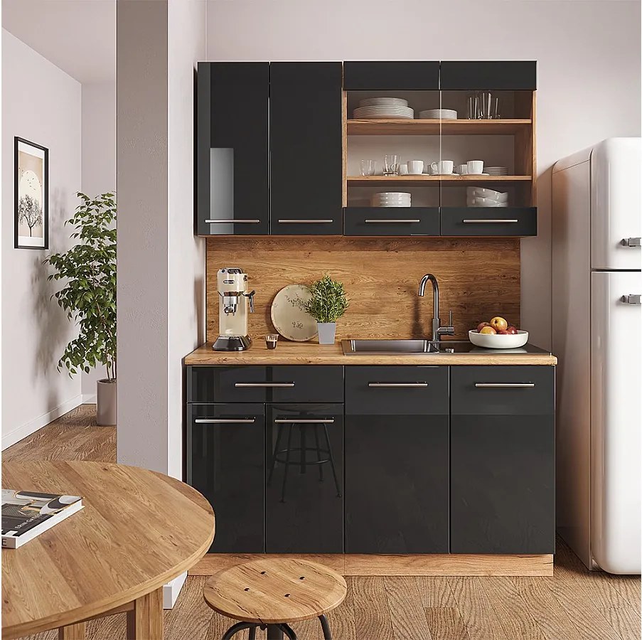 Pojedyncza kuchnia antracytowy wysoki połysk/złoty dąb power 140x60x81.6 fame-line