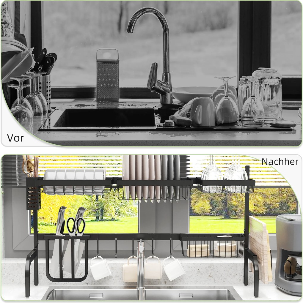 HOMCOM Stojak do suszenia z akcesoriami Suszarka do naczyń Czarna Wielofunkcyjna i przestronna | Aosom PL