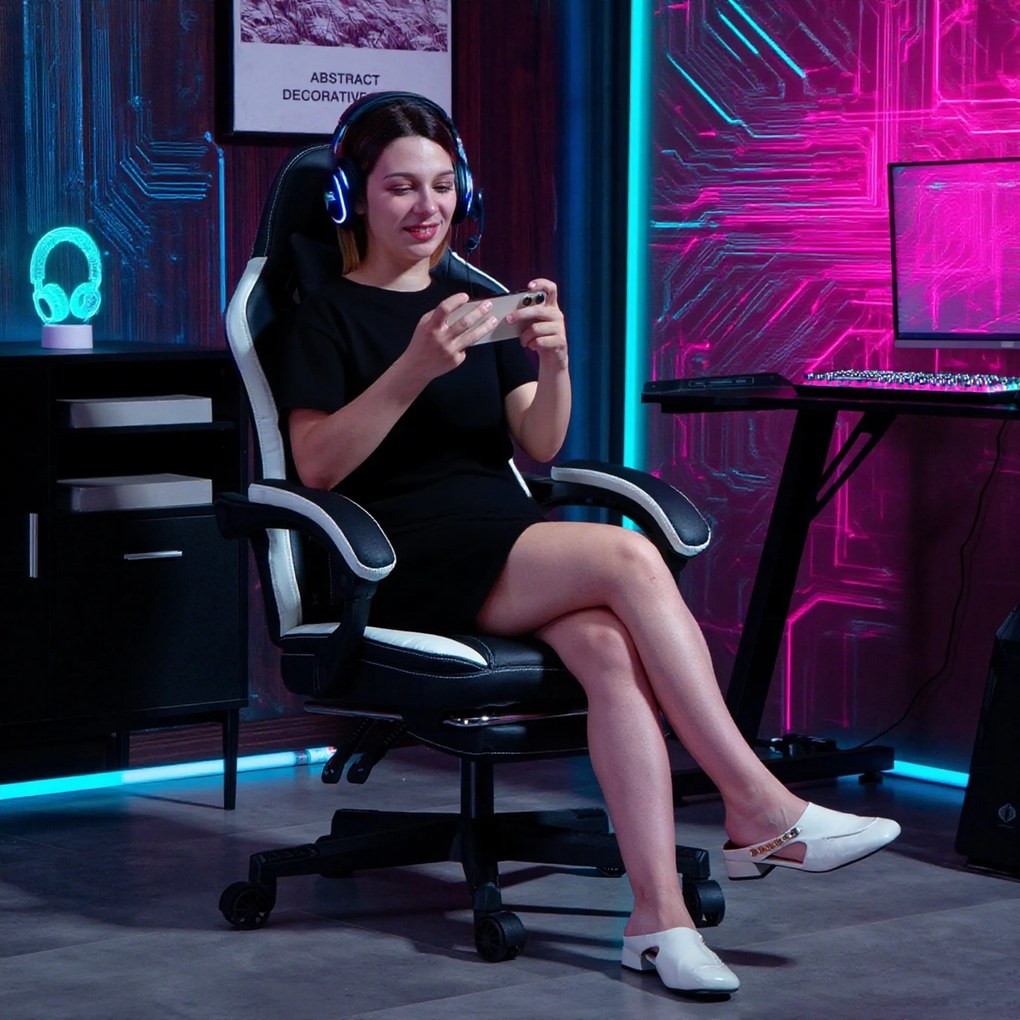 HOMCOM Fotel Gamingowy z Podnóżkiem, Fotel komputerowy z Poduszką i Książeczką, Skórzany Pokrowiec, Obrotowy, Wysokość Regulowana, Metal, Plastik, Czarny+Biały