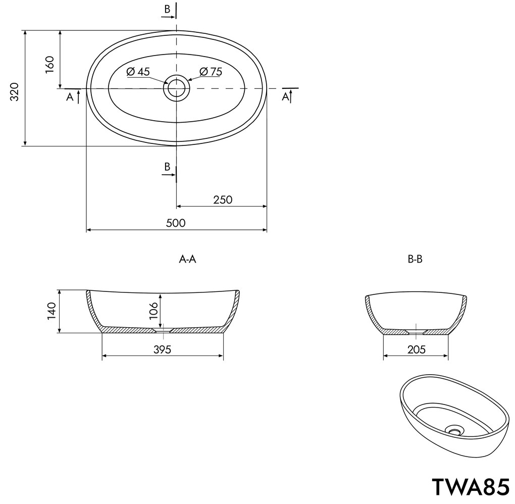 Umywalka nablatowa TWA85