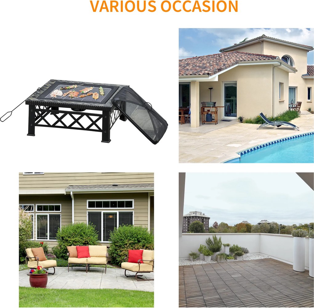 Outsunny Misa Paleniskowa 3w1 z Rusztem Grillowym i Ochroną Przed Iskrami Stalowa Czarna Idealna do Ogrodu | Aosom PL