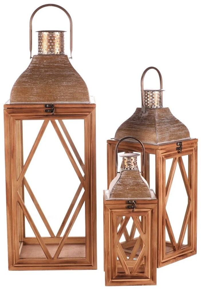 Zestaw drewnianych latarni Gineta 3 szt., brązowy