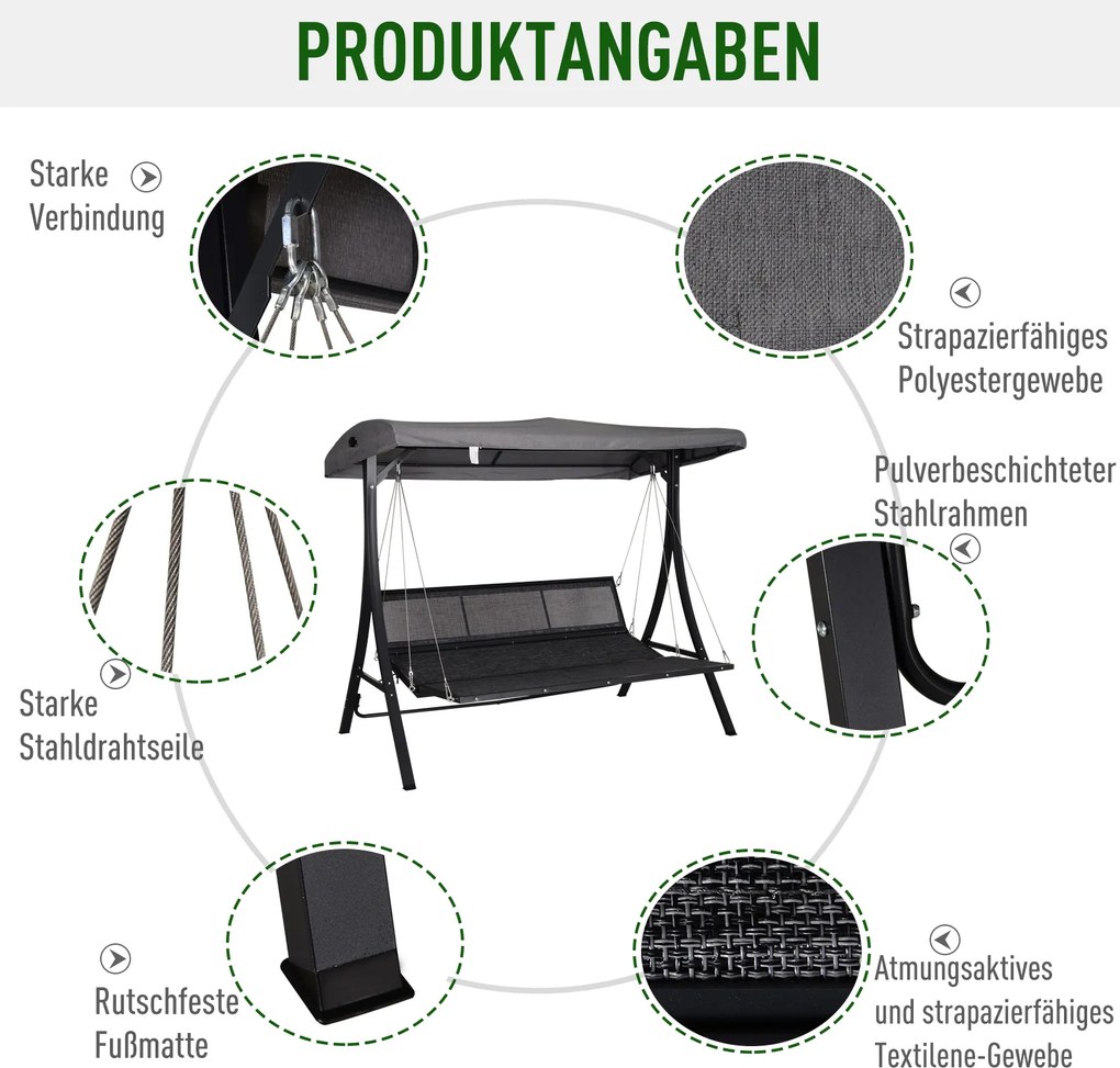 Outsunny Huśtawka Ogrodowa 3-osobowa, w zestawie z poduszkami, odporna na warunki atmosferyczne, 200 cm x 115 cm x 168 cm, Szara