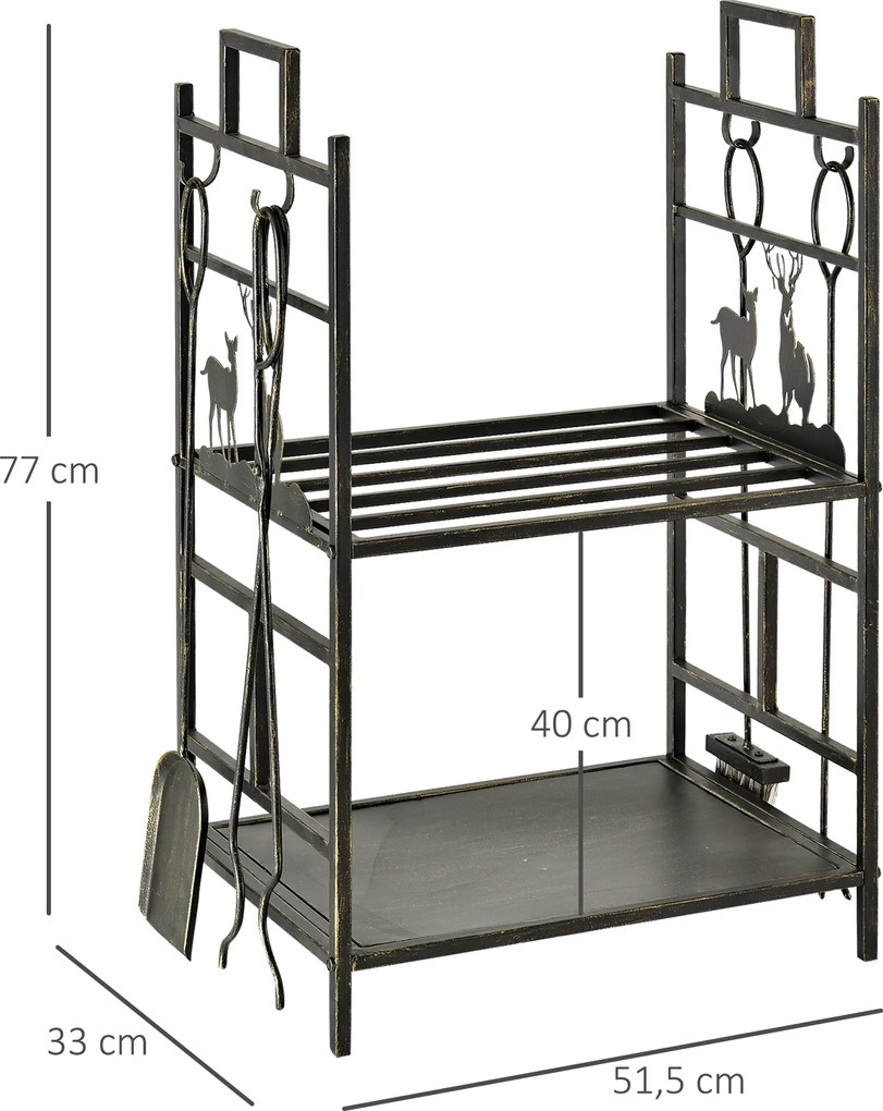 Stojak na drewno kominkowe Outsunny z zestawem narzędzi kominkowych, regał na drewno kominkowe, żelazo, złote, 51,5x33x77 cm