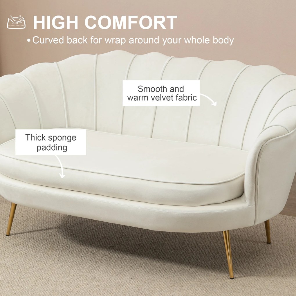 HOMCOM sofa dwuosobowa aksamitna kremowa styl vintage wygodna kanapa do salonu do 150 kg złote nogi | Aosom PL