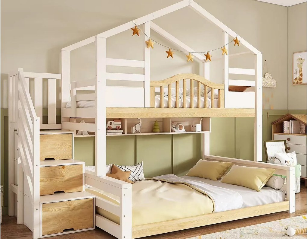 Łóżko piętrowe 90x200 cm + 140x200 cm - design domku - z drabinką z miejscem do przechowywania i półkami - lite drewno + MDF - biały + naturalny (bez materaca)