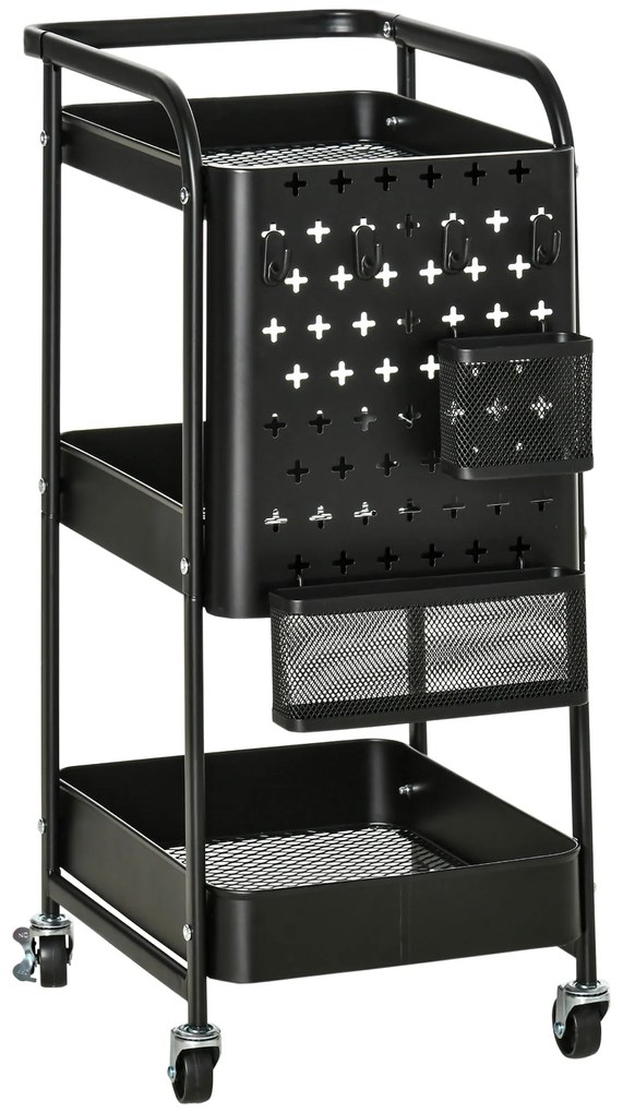 HOMCOM Wózek kuchenny z perforowaną płytką, uchwyt na ręczniki, koszyki do przechowywania, Czarny