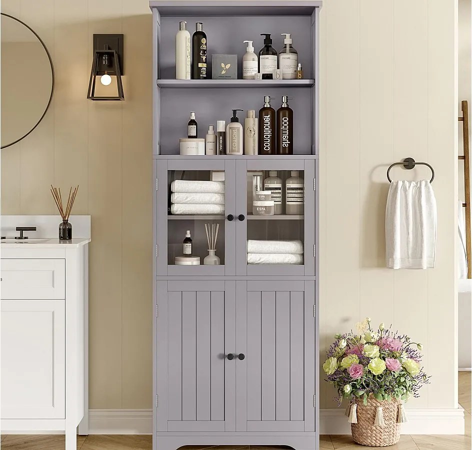 Meble łazienkowe 57,4×28,5×160 cm - 4 drzwi - 2 otwarte przegródki - regulowane półki - szary