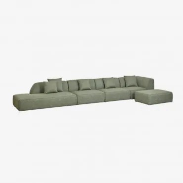 Sofa Narożna Modułowa Cardea 4-częściowa Z Leżanką Po Lewej Stronie I Tapicerowanym Pufem Bouclé Salvia Zieleń - Sklum