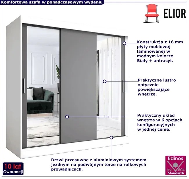 Szafa przesuwna biały + antracyt 200 cm - Seko 6X