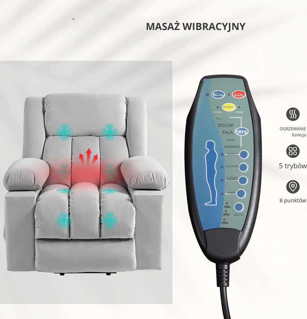 HOMCOM Elektryczny Fotel z Pomocą przy Wstawaniu, Miękki Aksamitny Materiał, Złącza USB