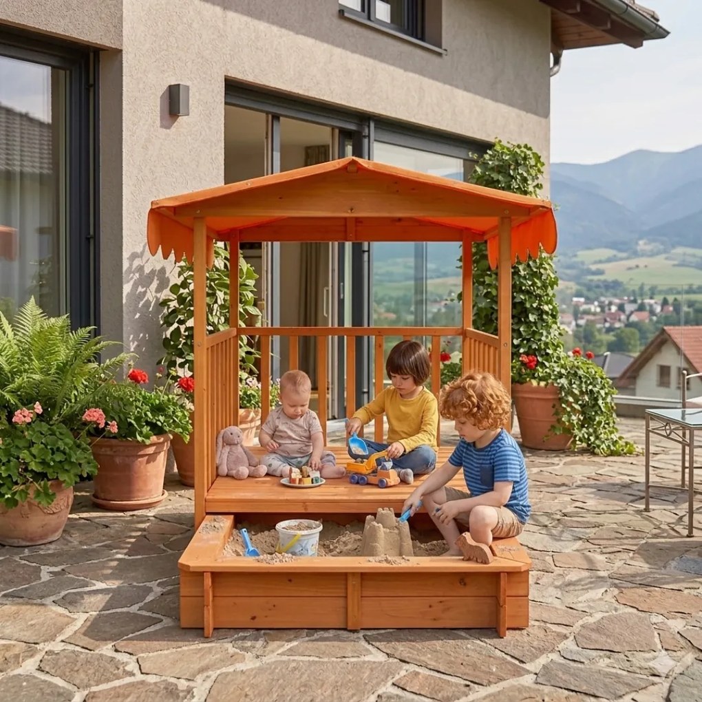 Piaskownica z werandą HAPPY, 130x130x143cm, brązowa/pomarańczowa Jurhan