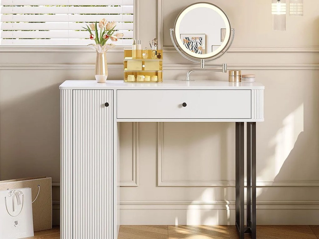 Toaletka z lustrem 100x40x116 cm - z oświetleniem LED 3 kolory - z 1 szufladą i 1 drzwiami - Biały