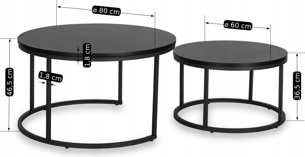Zestaw Stolików Kawowych MANU MAX 60 cm/80 cm Czarny Nowoczesny Loft