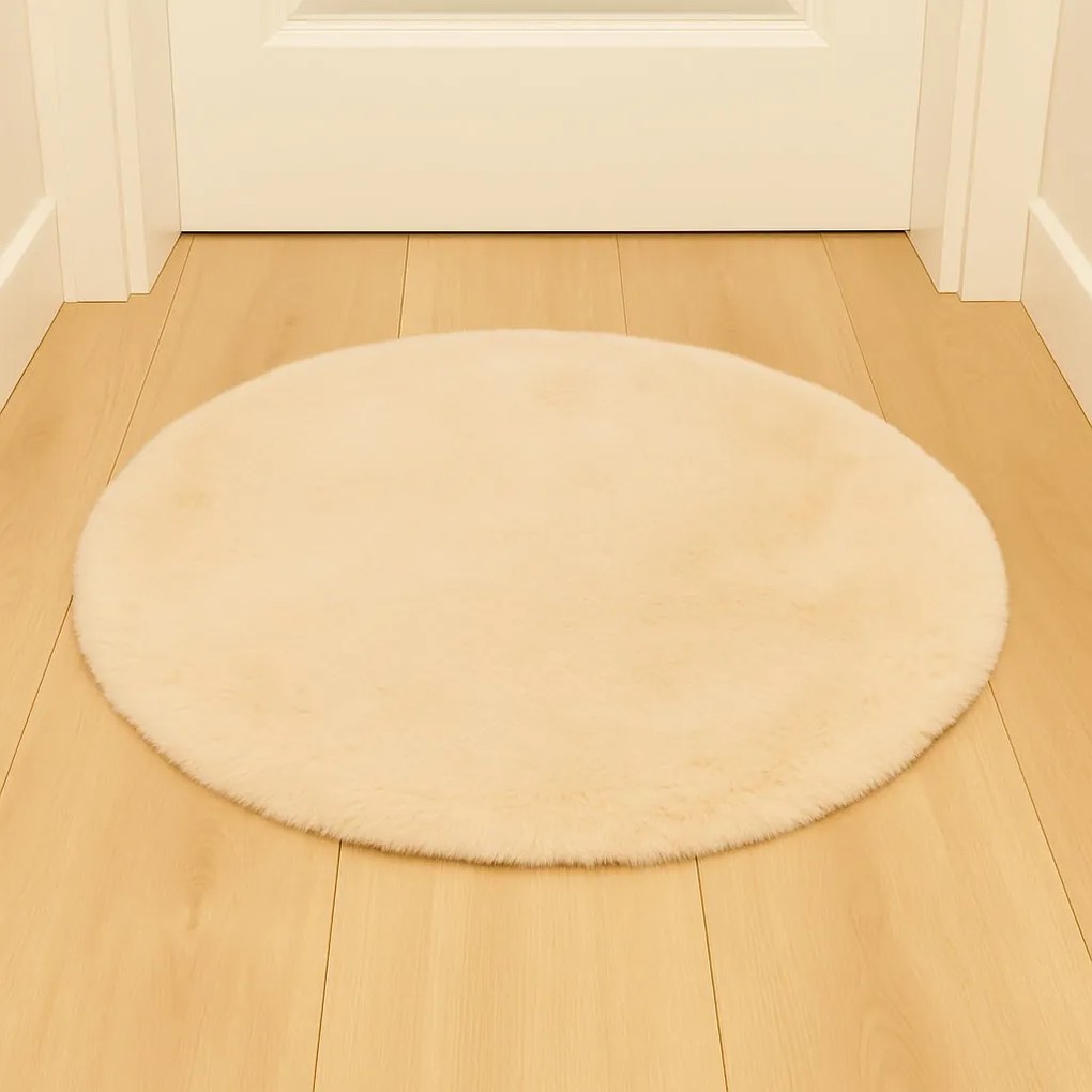 Dywanik futrzany kremowy okrągły FI80cm miękki puszysty guma antypoślizgowa