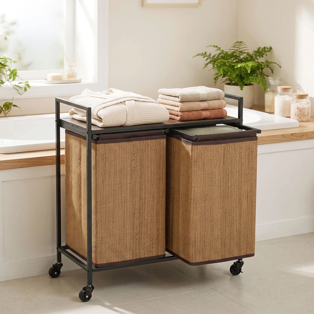 HOMCOM Kosz na pranie bambus 2 komory 120 l, pojemnik z półką, worek na pranie, na kółkach 73x33x78 cm, Brązowy | Aosom PL
