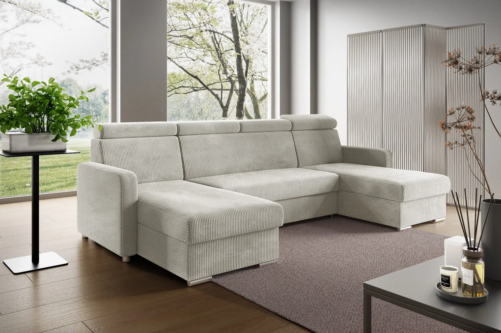 Narożnik z funkcją spania i regulowanymi zagłówkami z pojemnikiem na pościel Mako U sztruks