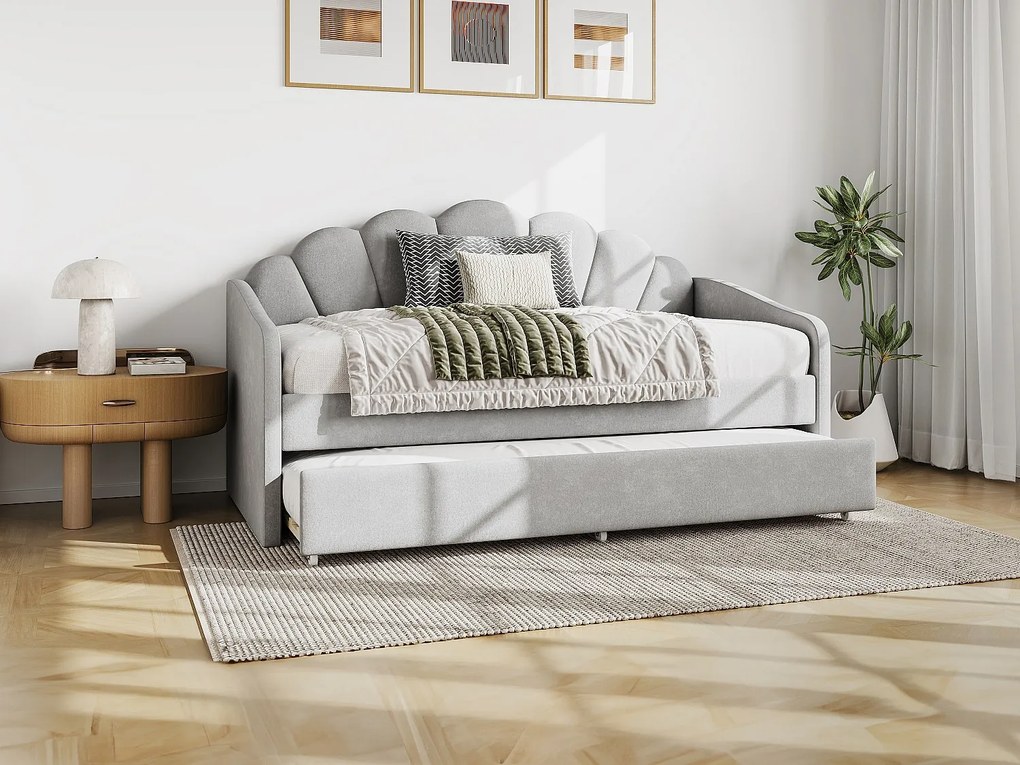 Łóżko wysuwane muszla 2 x 90 x 190 cm - Welur - Jasnoszary + Materac - ELUSIA