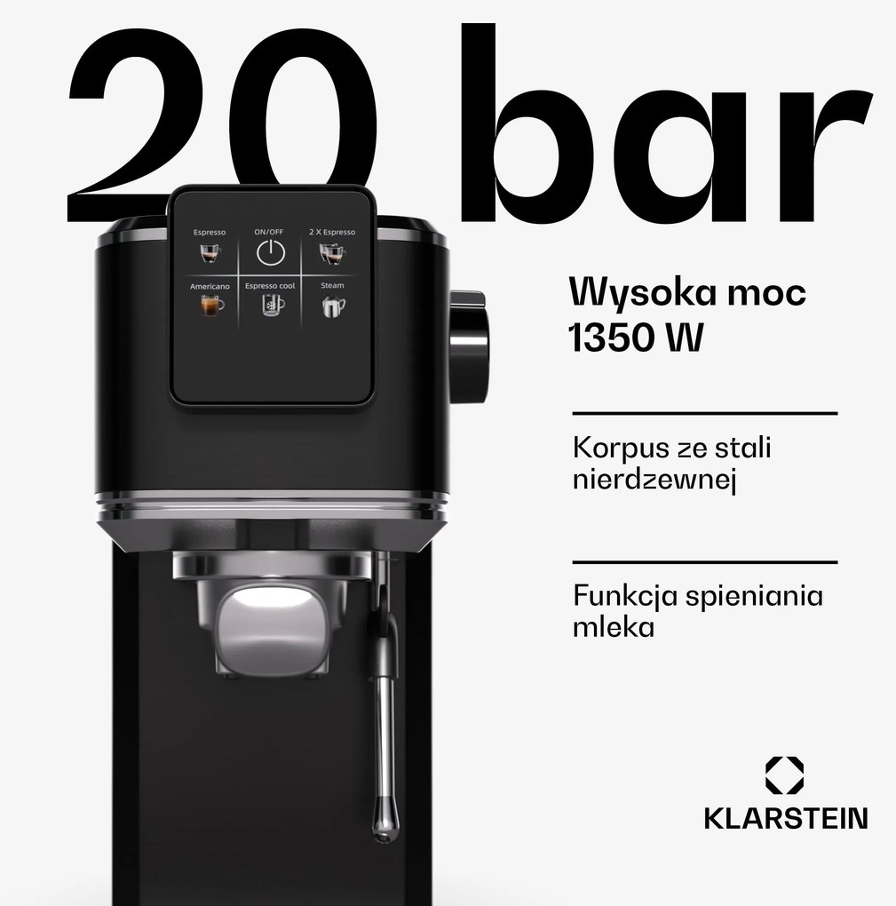 Klarstein SteelPresso Touch 1350W 20bar Ekspres Kolbowy Czarny