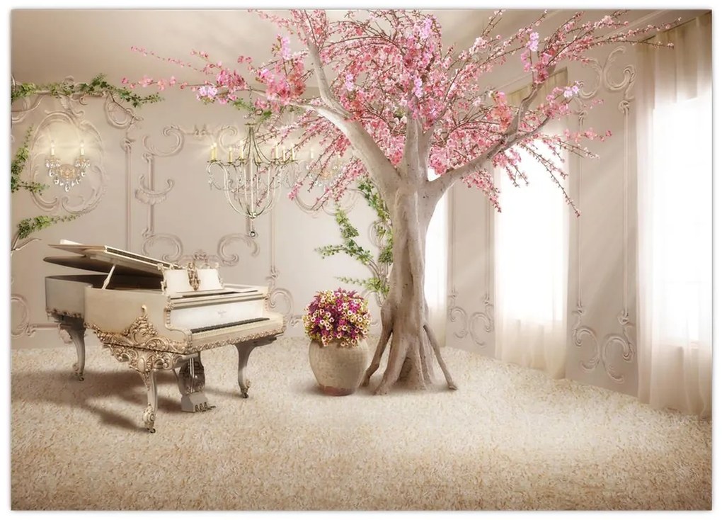 Obraz na szkle - Wymarzone wnętrze z fortepianem (70x50 cm)