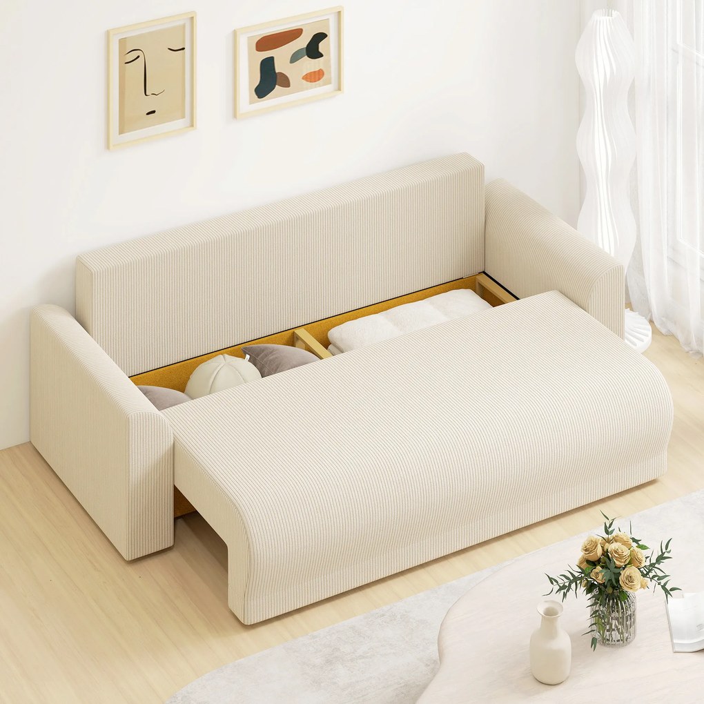 HOMCOM Sofa rozkładana 190x150 cm 3-osobowa z funkcją spania, poduszki, schowek, wygląd sztruksu do salonu, beżowa | Aosom PL