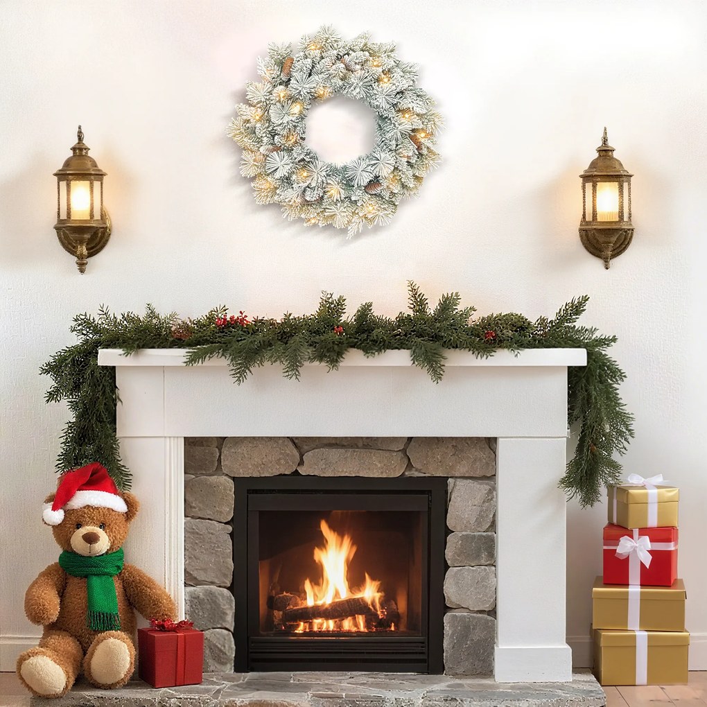 HOMCOM Wieniec świąteczny z lampkami LED, szyszki, wieniec na drzwi, Zielony+Biały, Ø60 x 8 cm | Aosom PL